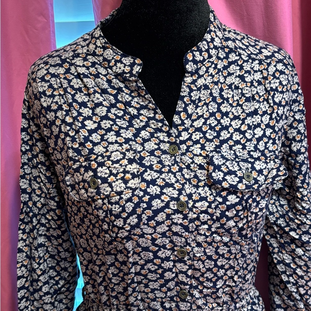 Angie Navy Floral Button-Up Long Sleeve Dress